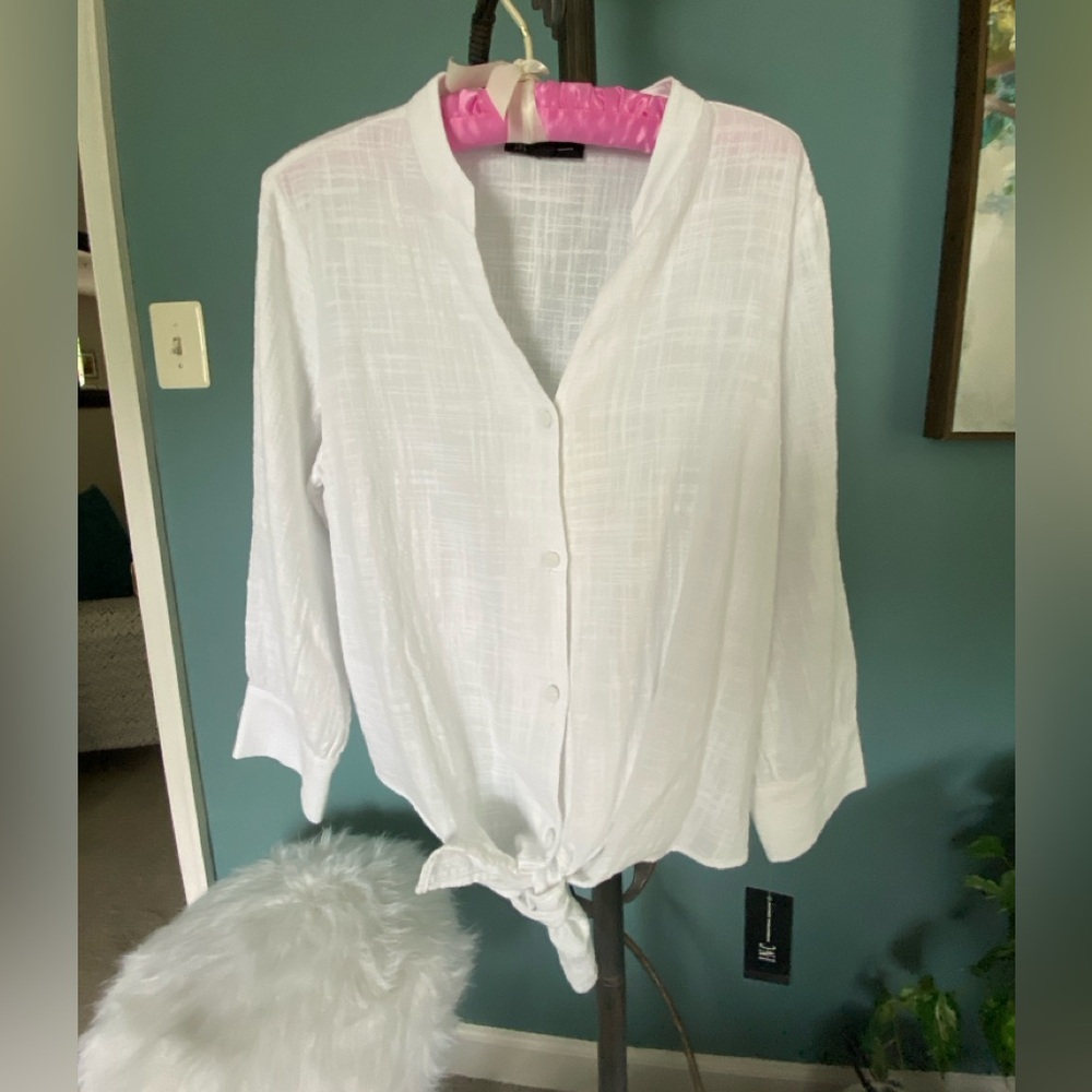 INC International Concepts white button down, front tie blouse. Size Medium